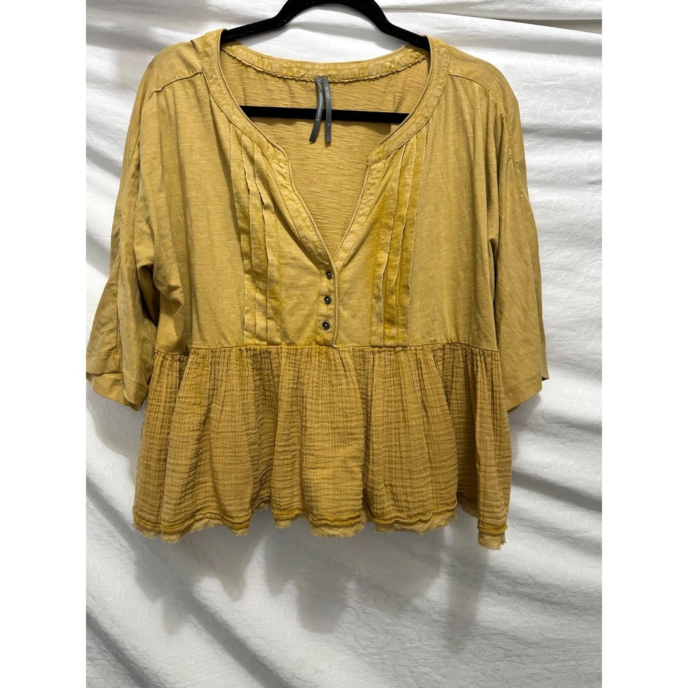 Anthropologie Size Small Mustard Yellow Distressed Cropped Babydoll Tunic